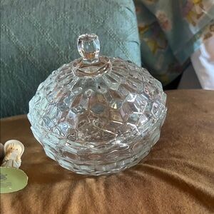 Clear Cut Glass Covered Candy Dish with Faceted Lid